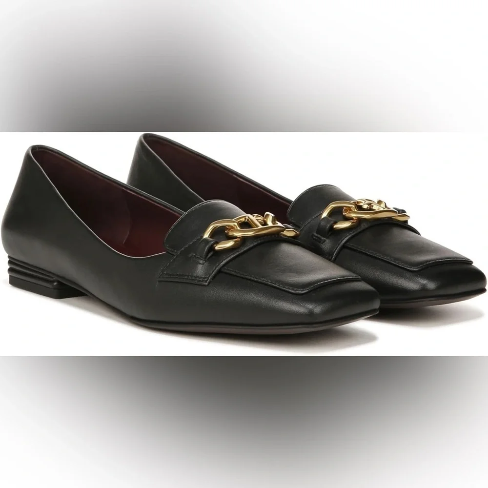 Franco Sarto women’s Tiari Elegant Black slip onLoafers w/ Gold Accent sz 8.5M